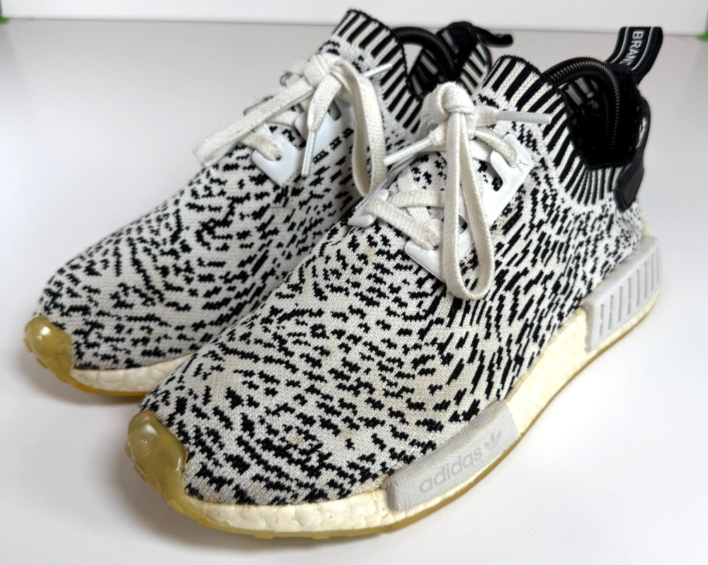 Adidas NMD R1 Primeknit Zebra Black White Gum Boost Shoes Mens 9 BZ0219